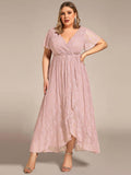 Plus Size Elegant Navy Blue Lace High-Low Evening Dress #color_Pink