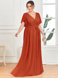 Burnt Orange A-Line Pleated Formal Dress with Belt #color_Burnt Orange