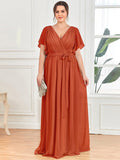 Burnt Orange A-Line Pleated Formal Dress with Belt #color_Burnt Orange