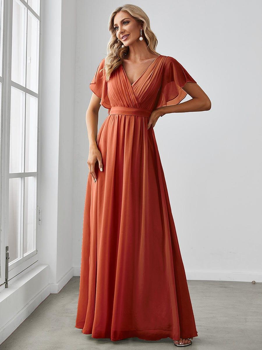 Burgundy V-Neck Chiffon Empire Waist Evening Dress #color_Burnt Orange