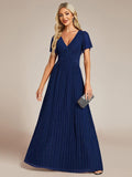 Sparkly V-Neck Empire Waist Pleated Formal Evening Dress