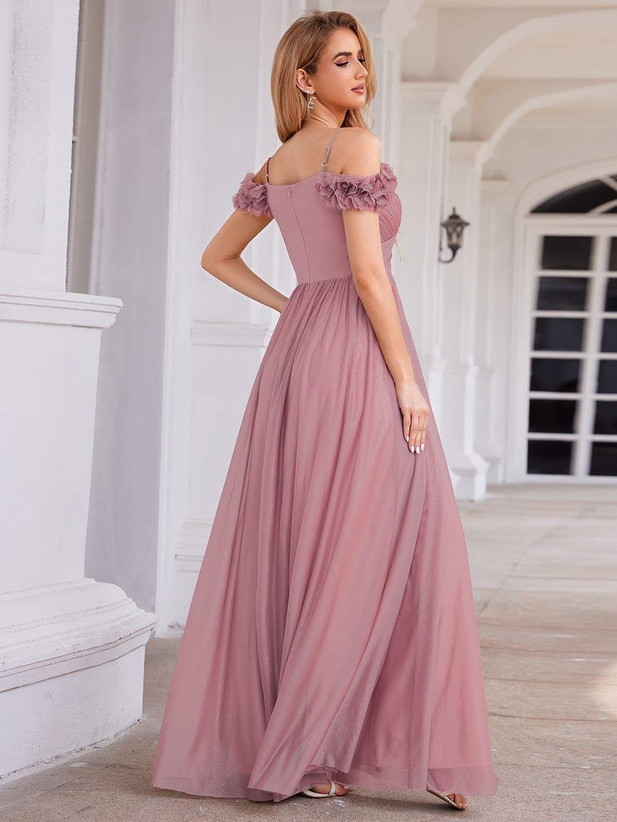 Pleated A-Line Evening Dress with Floral Cold-Shoulder
