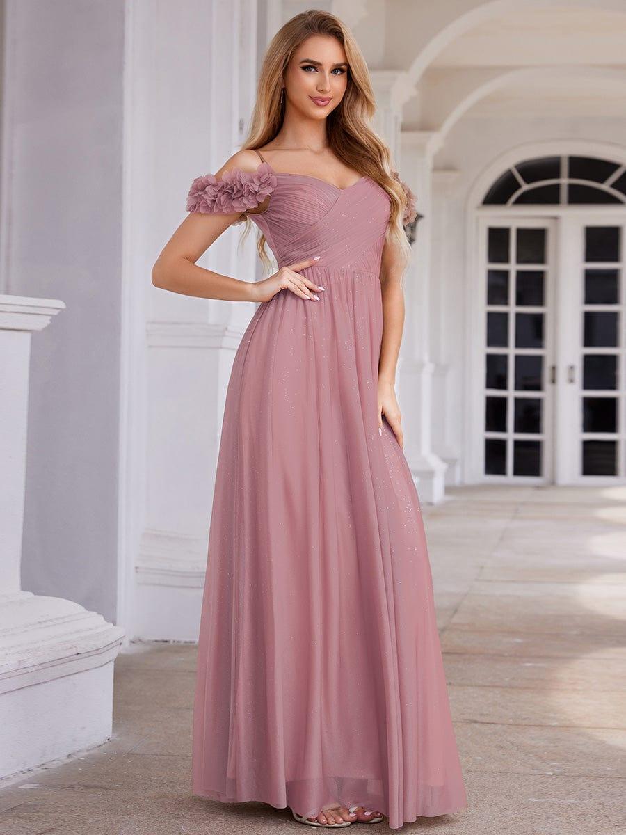 Pleated A-Line Evening Dress with Floral Cold-Shoulder