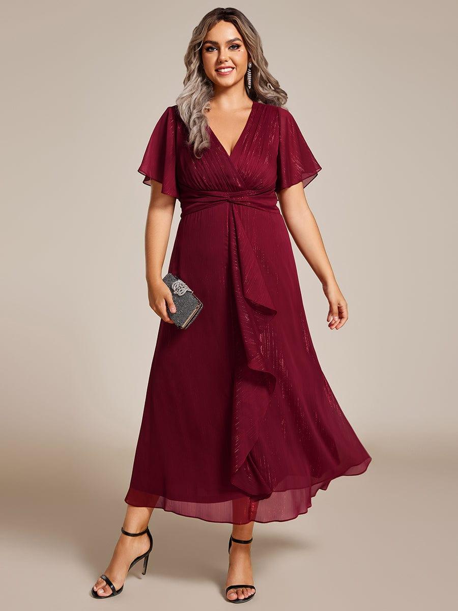 Plus Size V-Neck Ruched A-Line Ruffle Wedding Guest Dress