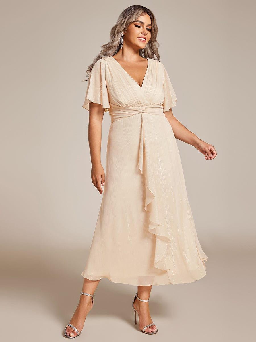 Plus Size V-Neck Ruched A-Line Ruffle Wedding Guest Dress