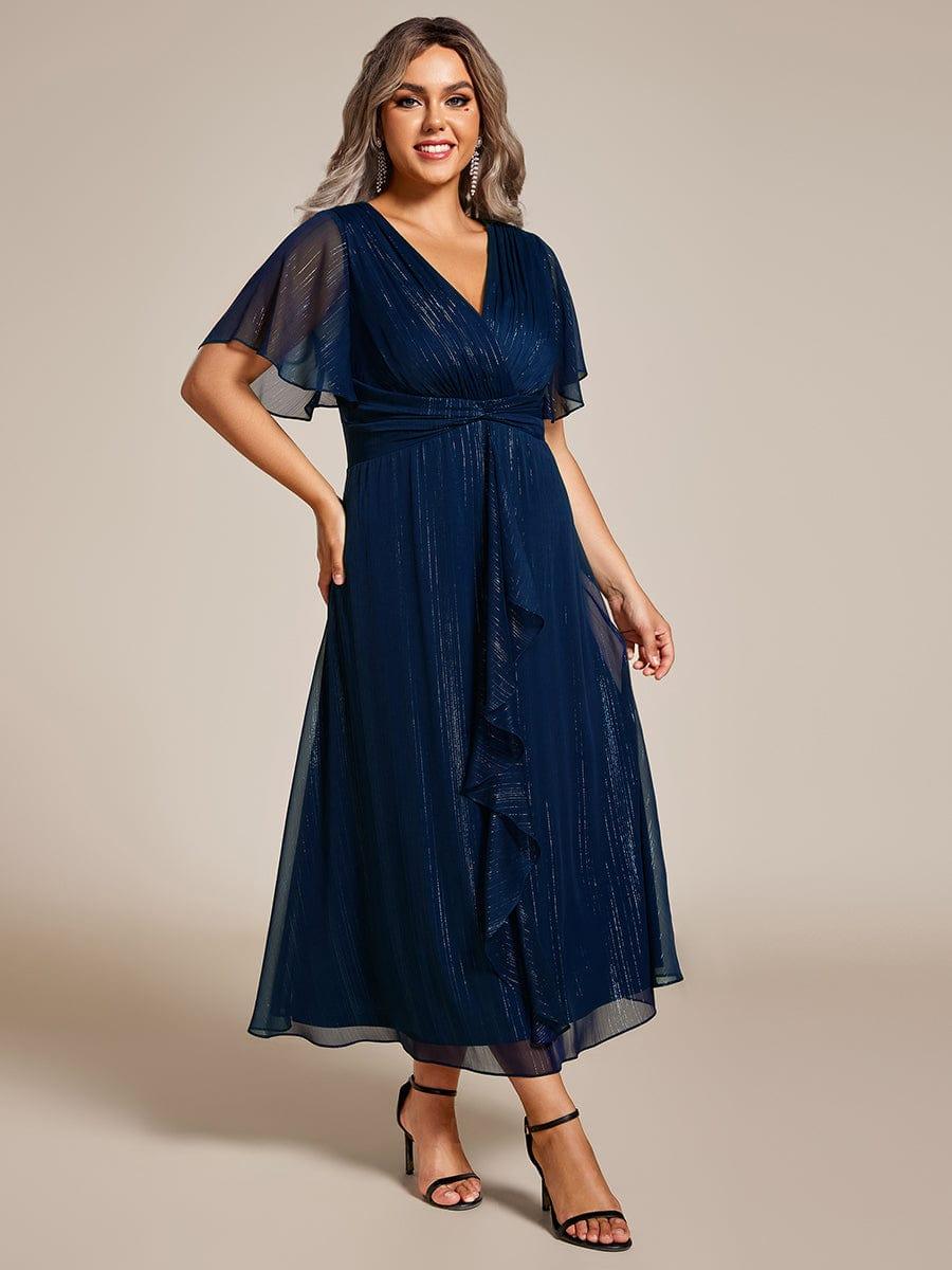 Plus Size V-Neck Ruched A-Line Ruffle Wedding Guest Dress