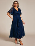 Plus Size V-Neck Ruched A-Line Ruffle Wedding Guest Dress
