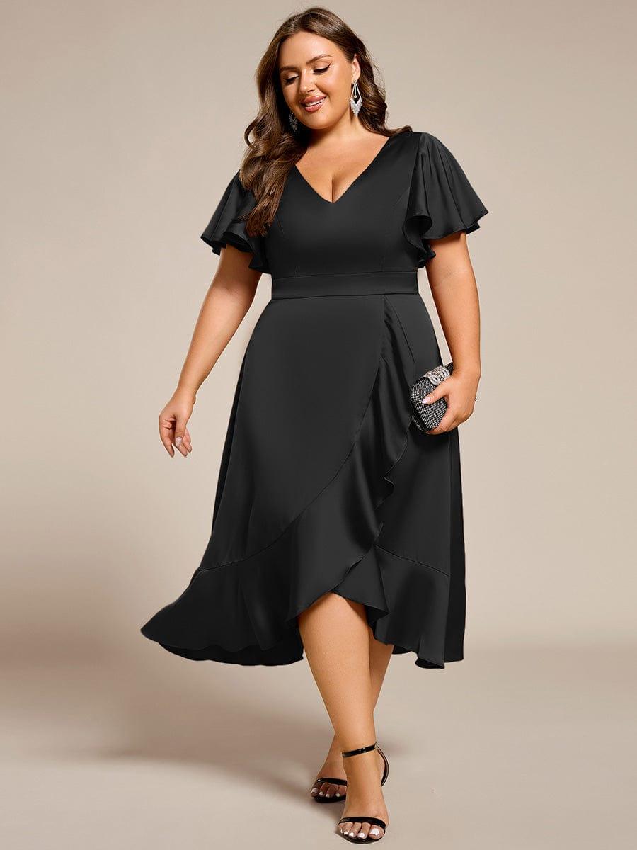 Plus Size V-Neck Ruffle Satin Wedding Guest Dress