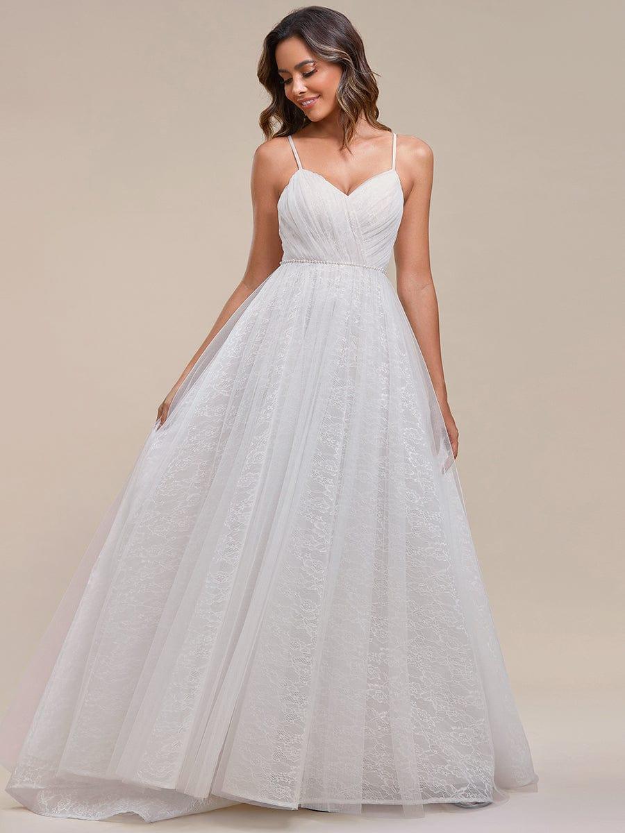 Spaghetti Straps Pleated Lace A-Line Wedding Dress