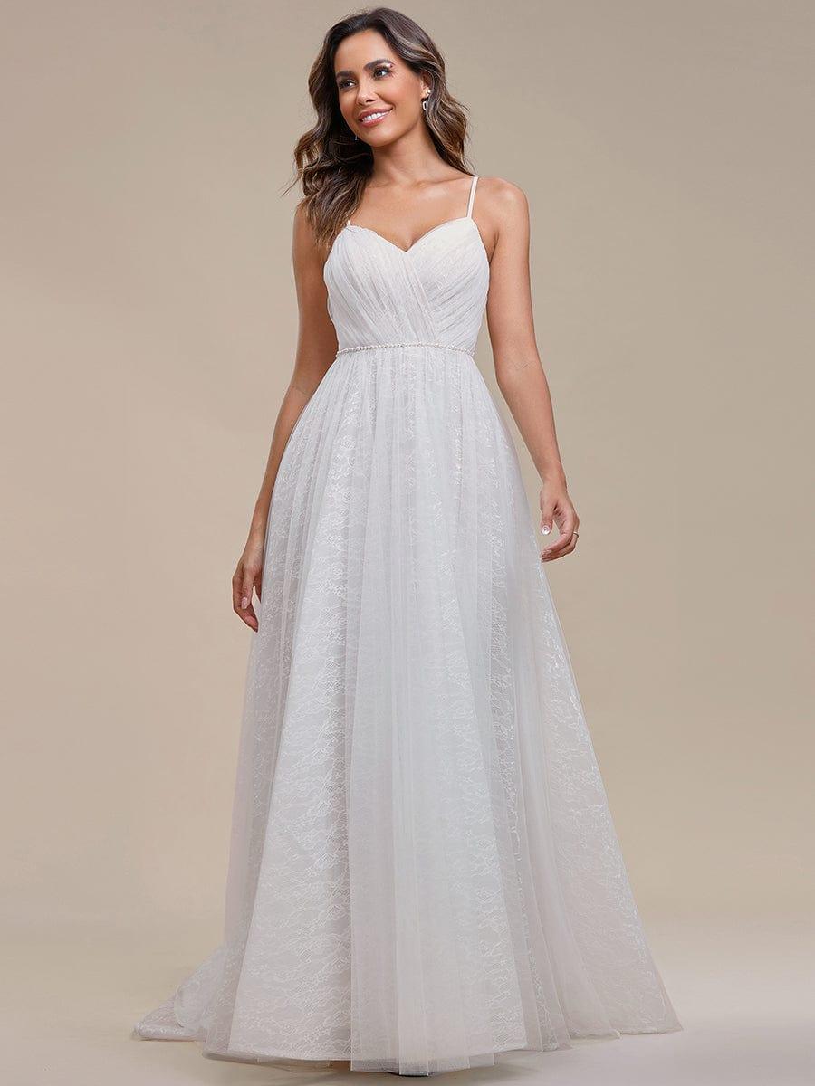 Spaghetti Straps Pleated Lace A-Line Wedding Dress