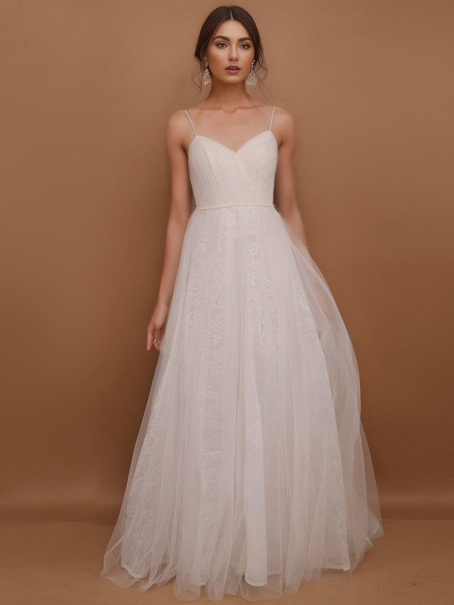 Spaghetti Straps Pleated Lace A-Line Wedding Dress