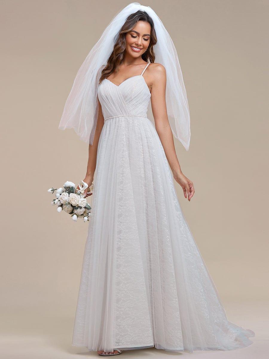 Spaghetti Straps Pleated Lace A-Line Wedding Dress