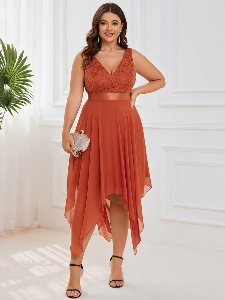Plus Size V-Neck Lace Asymmetrical A-Line Prom Dress