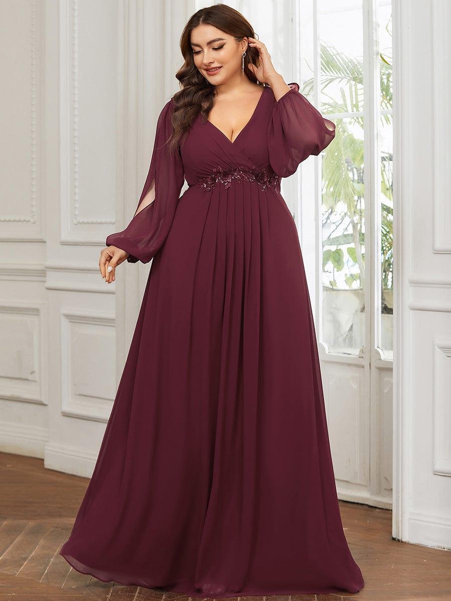 Elegant Burgundy V-Neck A-Line Chiffon Evening Dress #color_Burgundy