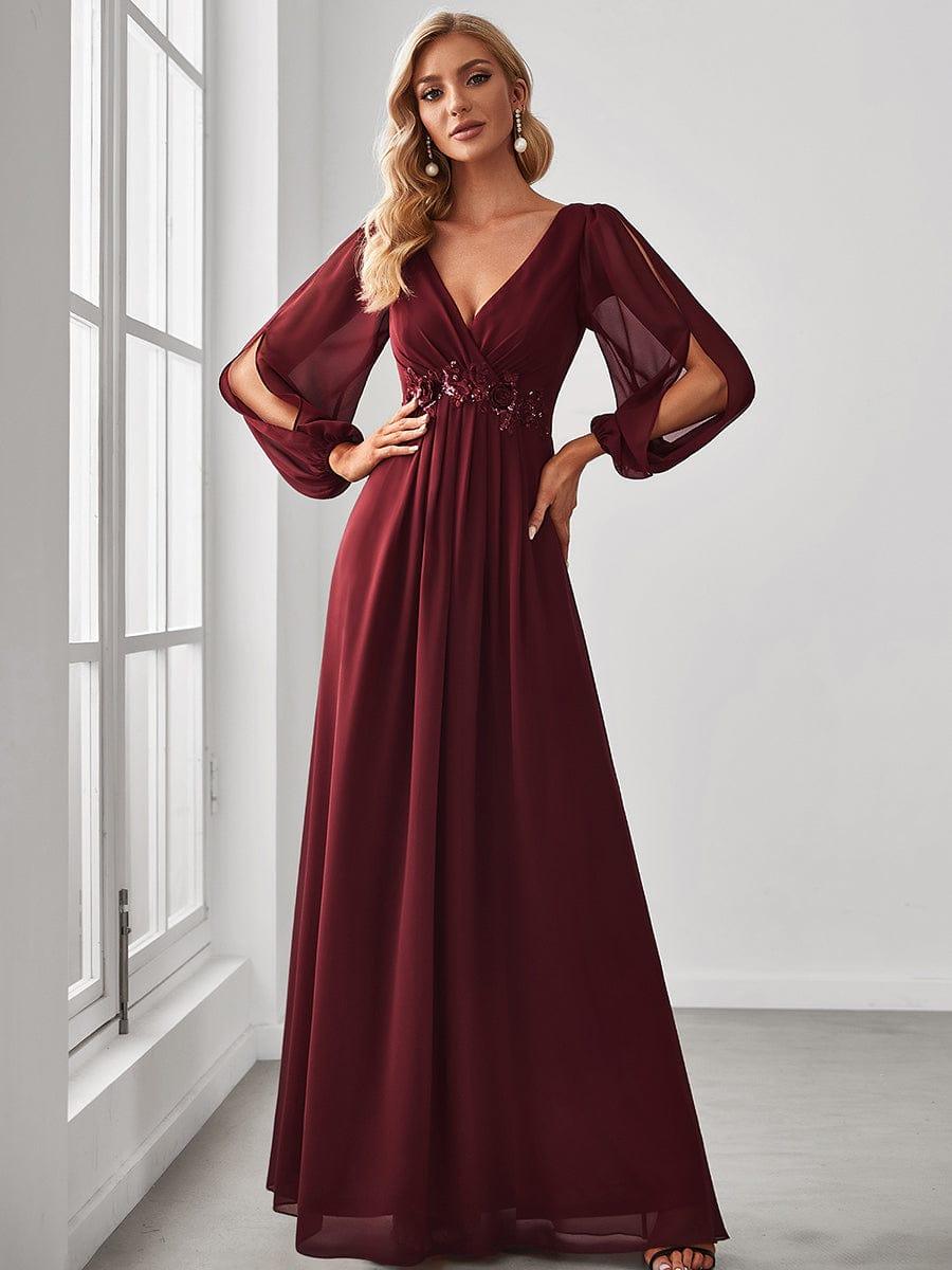 Elegant Burgundy V-Neck A-Line Chiffon Evening Dress #color_Burgundy