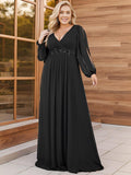  Plus Size Black V-Neck Evening Dress with Long Sleeves #color_Black