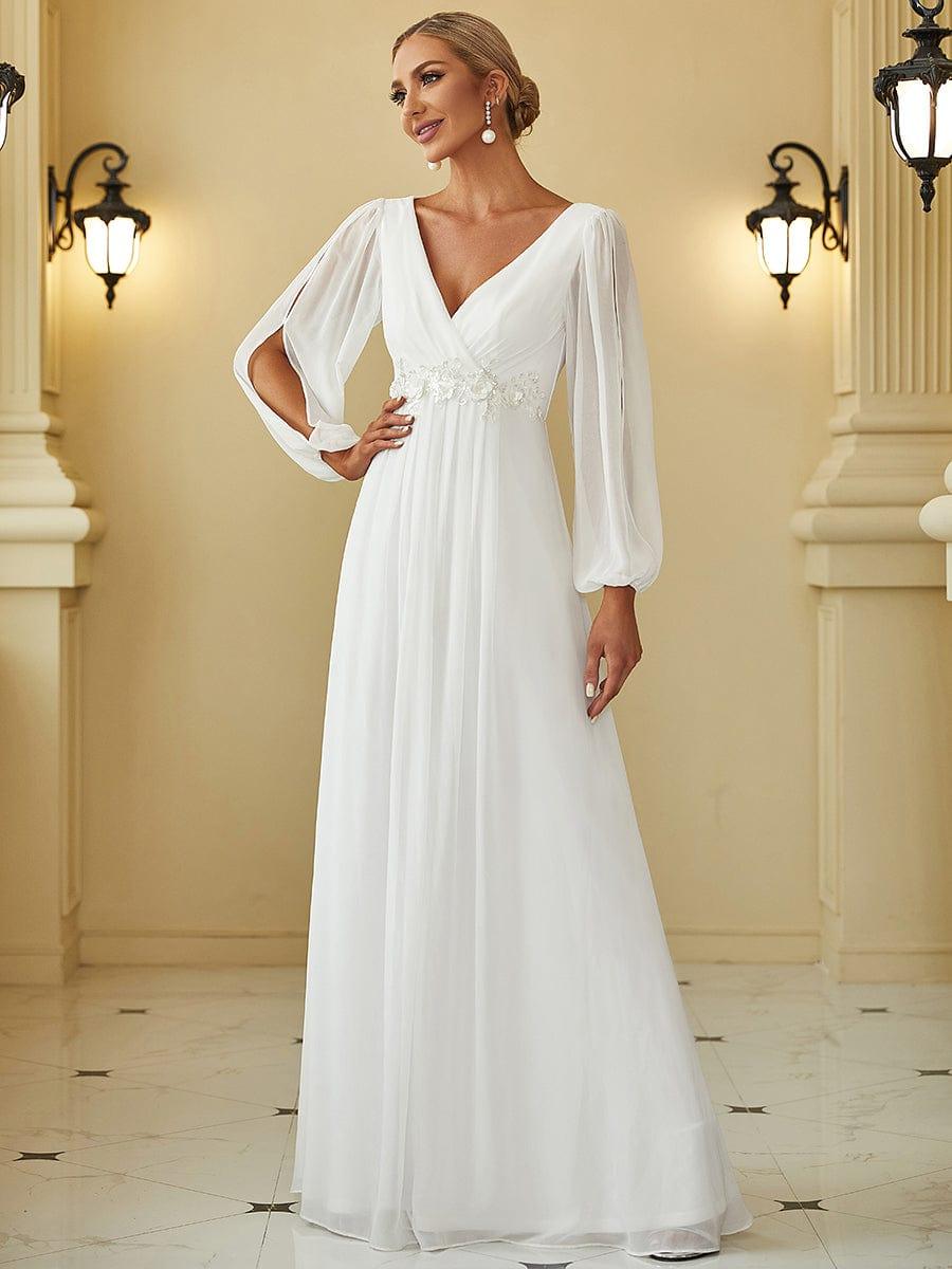 Cream V-Neck Chiffon Formal Evening Dress with Long Sleeve #color_Cream