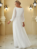 Cream V-Neck Chiffon Formal Evening Dress with Long Sleeve #color_Cream
