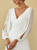 Cream V-Neck Chiffon Formal Evening Dress with Long Sleeve#color_Cream