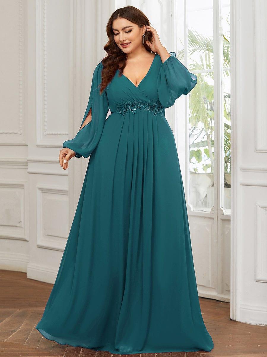 Elegant Applique Chiffon Formal Dres with Long Sleeve #color_Teal