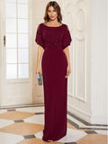 Graceful Round Neck Beaded Formal Dress with Half Sleeves