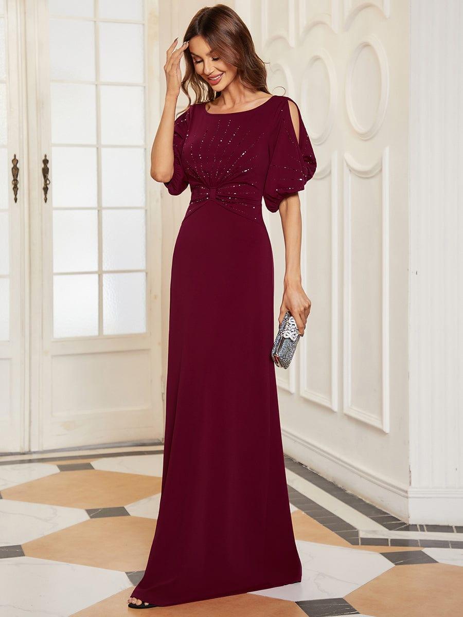 Graceful Round Neck Beaded Formal Dress with Half Sleeves