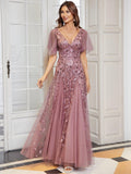 Shimmery White Sequin Applique Tulle Evening Dress#color_Purple Orchid 