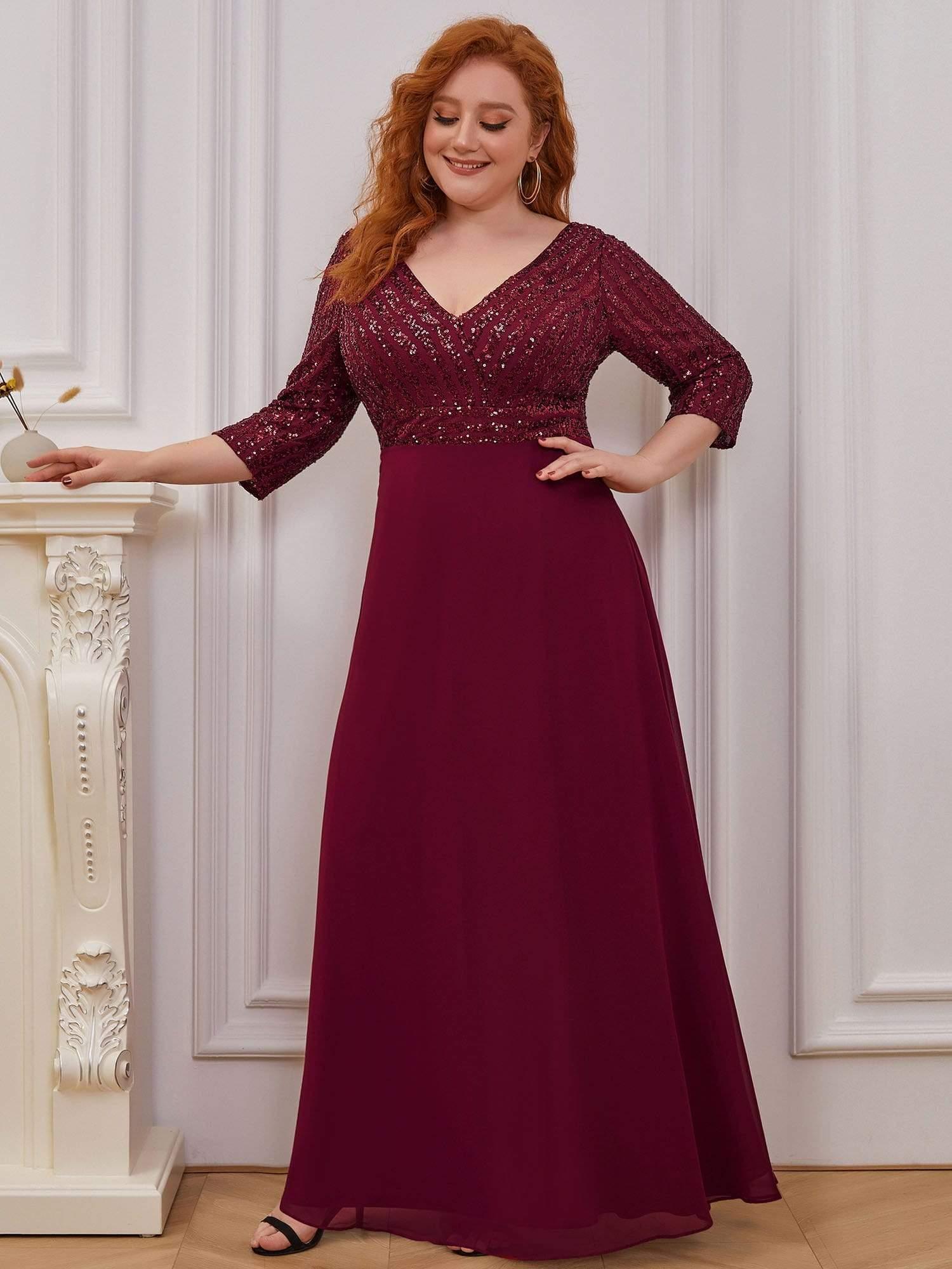 Plus Size Sequin A-Line Formal Evening Dress with Long Sleeves