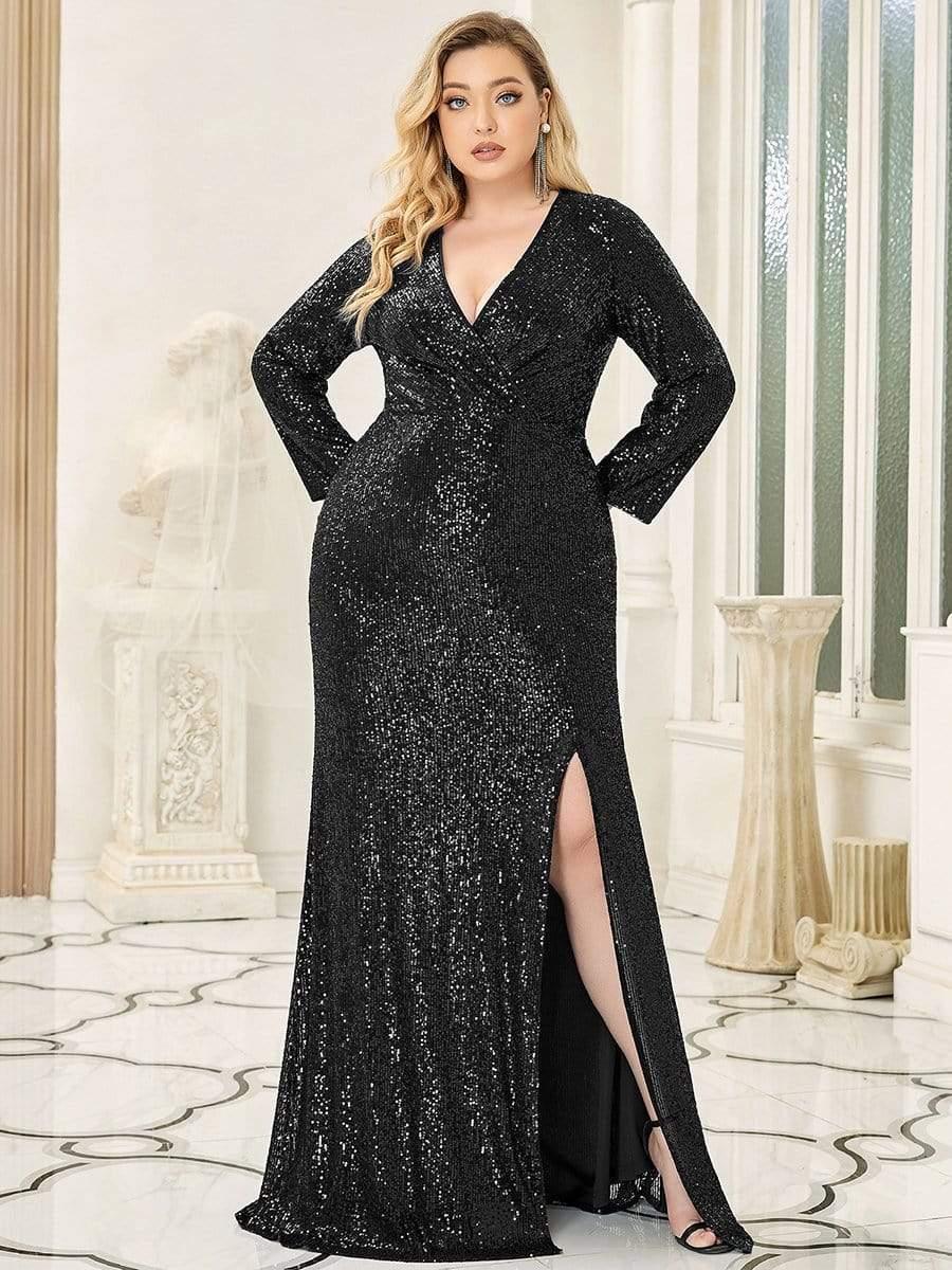 Plus Size V-Neck Sequin Ruched Slit Mermaid Evening Dress