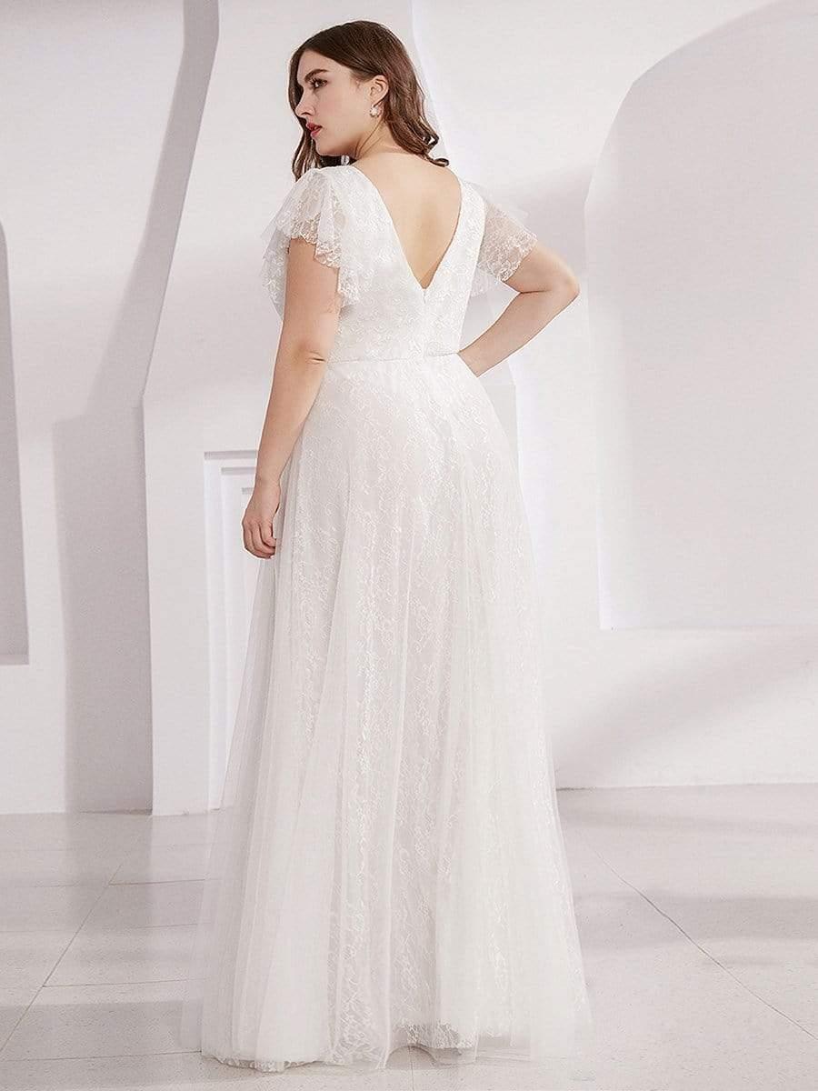 Glamorous V-Neck Lace Formal Dress with Ruffle Sleeves