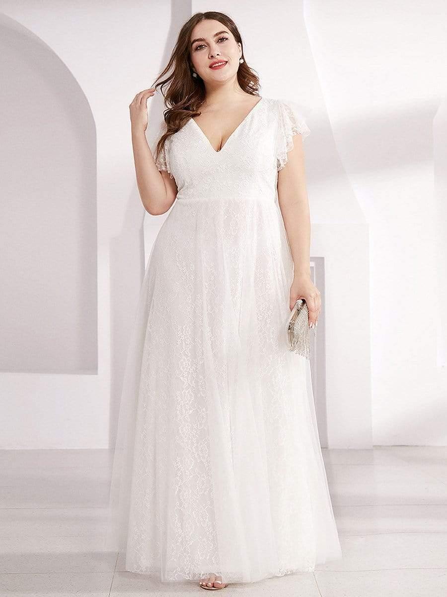 Glamorous V-Neck Lace Formal Dress with Ruffle Sleeves