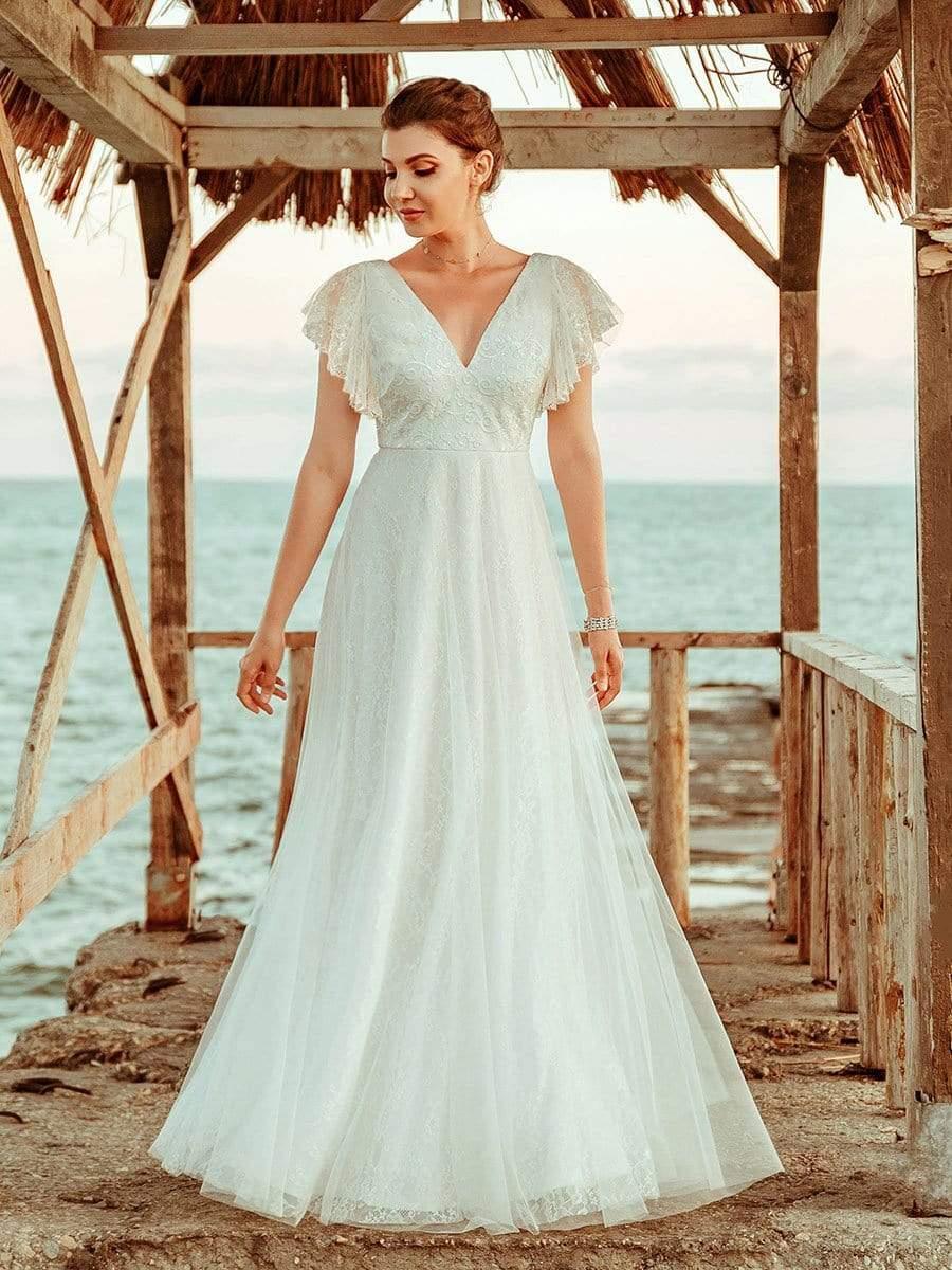 Glamorous V-Neck Lace Formal Dress with Ruffle Sleeves