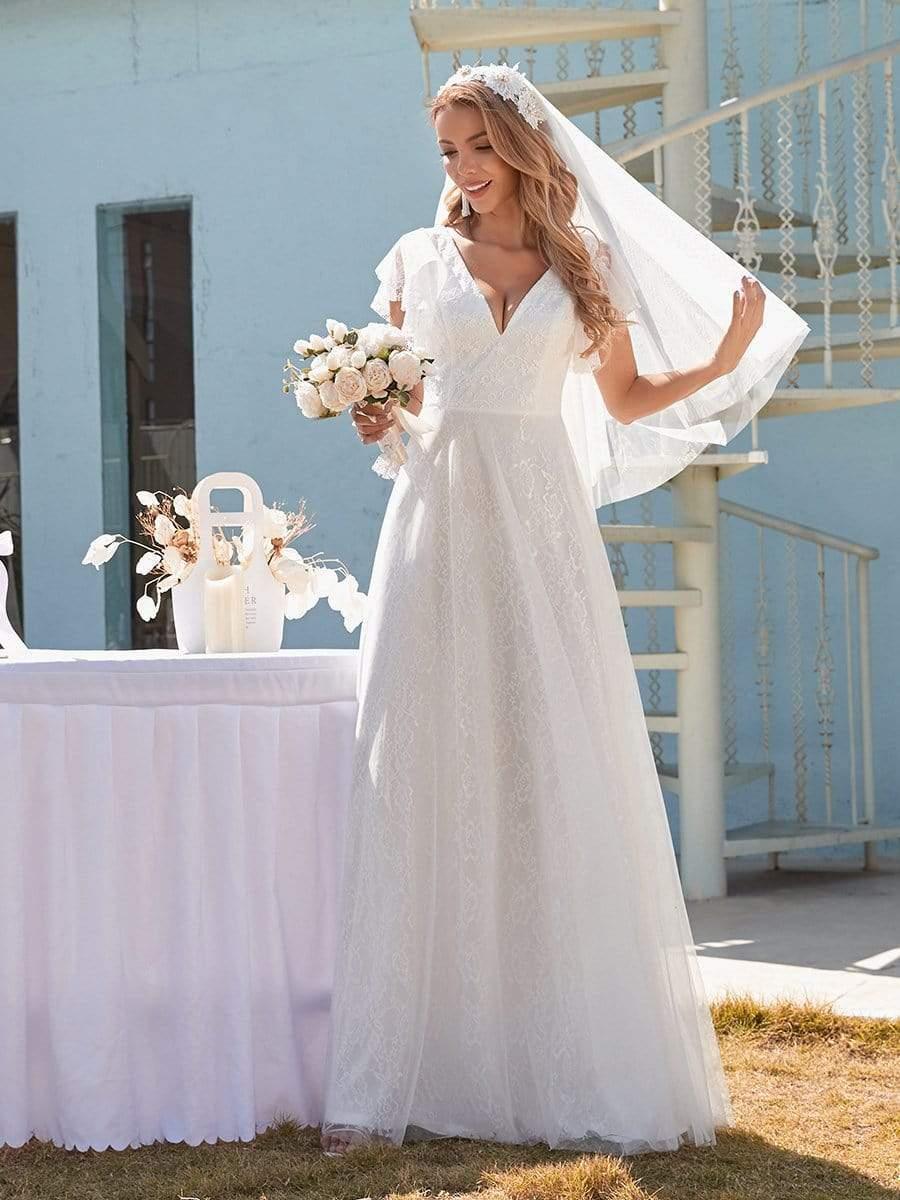 Glamorous V-Neck Lace Formal Dress with Ruffle Sleeves