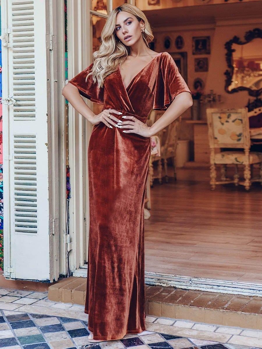 Simple V Neck Empire Waist Velvet Bridesmaid Dress