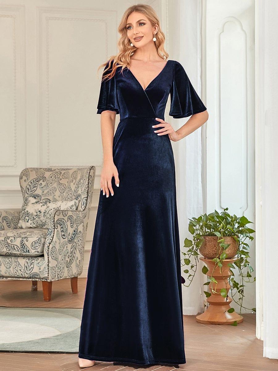 Graceful V-Neck Velvet A-Line Long Evening Dress