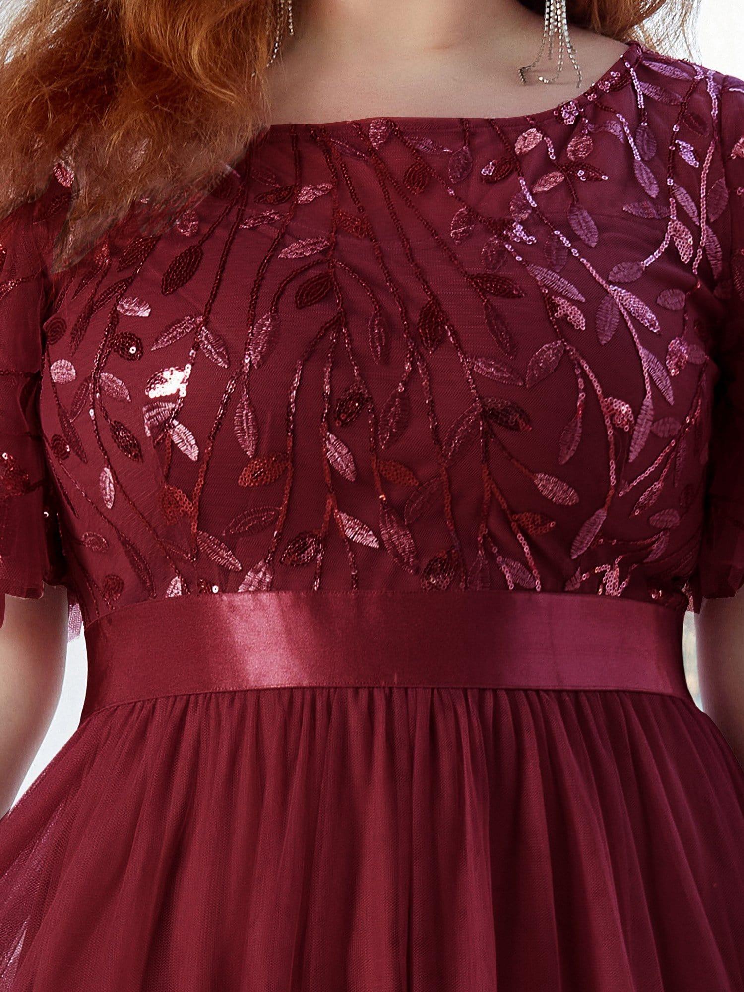 Plus Size Gold Crew Neck Applique Tulle Evening Dresses #color_Burgundy 