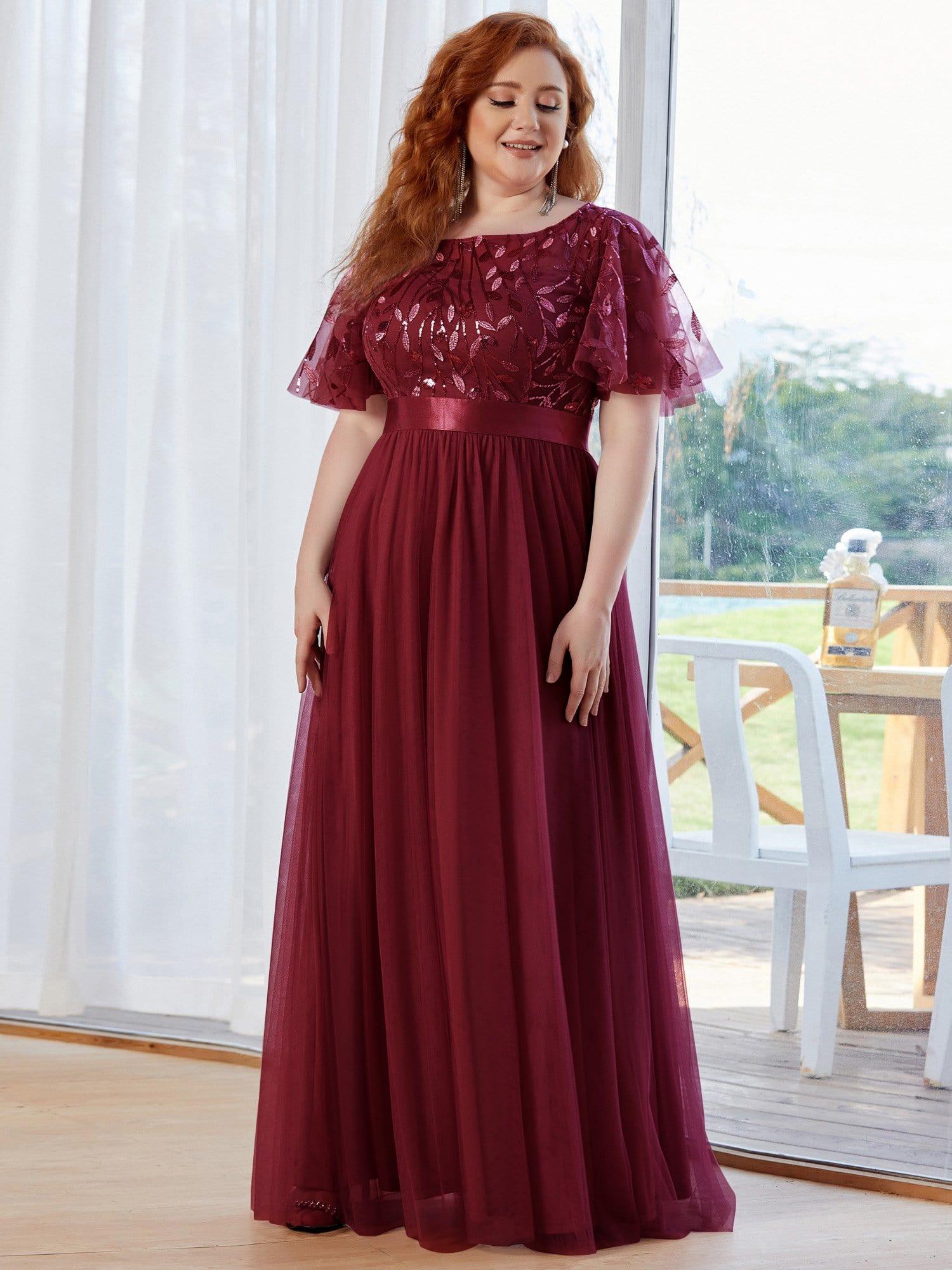 Plus Size Sequin Applique Evening Dress with Short Sleeves