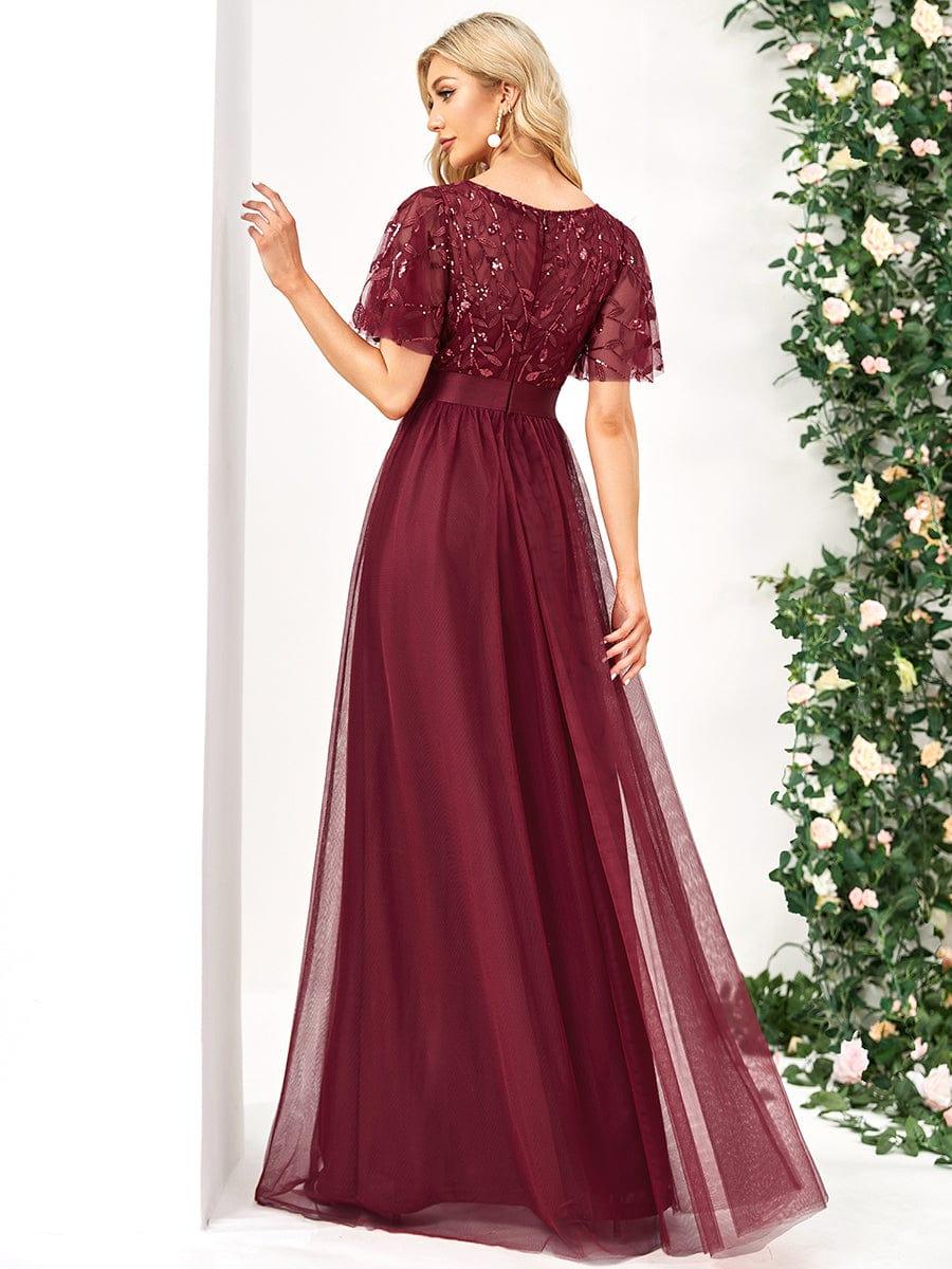 Elegant Sequin Applique Prom Dress with Flutter Sleeves#color_Burgundy