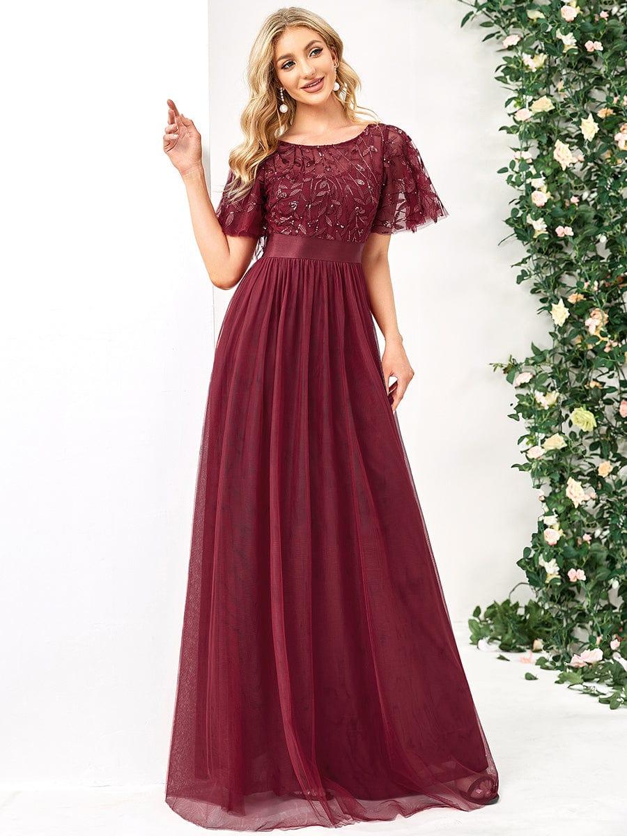 Elegant Sequin Applique Prom Dress with Flutter Sleeves #color_Burgundy