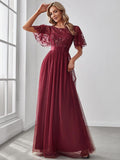 Elegant Sequin Applique Prom Dress with Flutter Sleeves #color_Burgundy