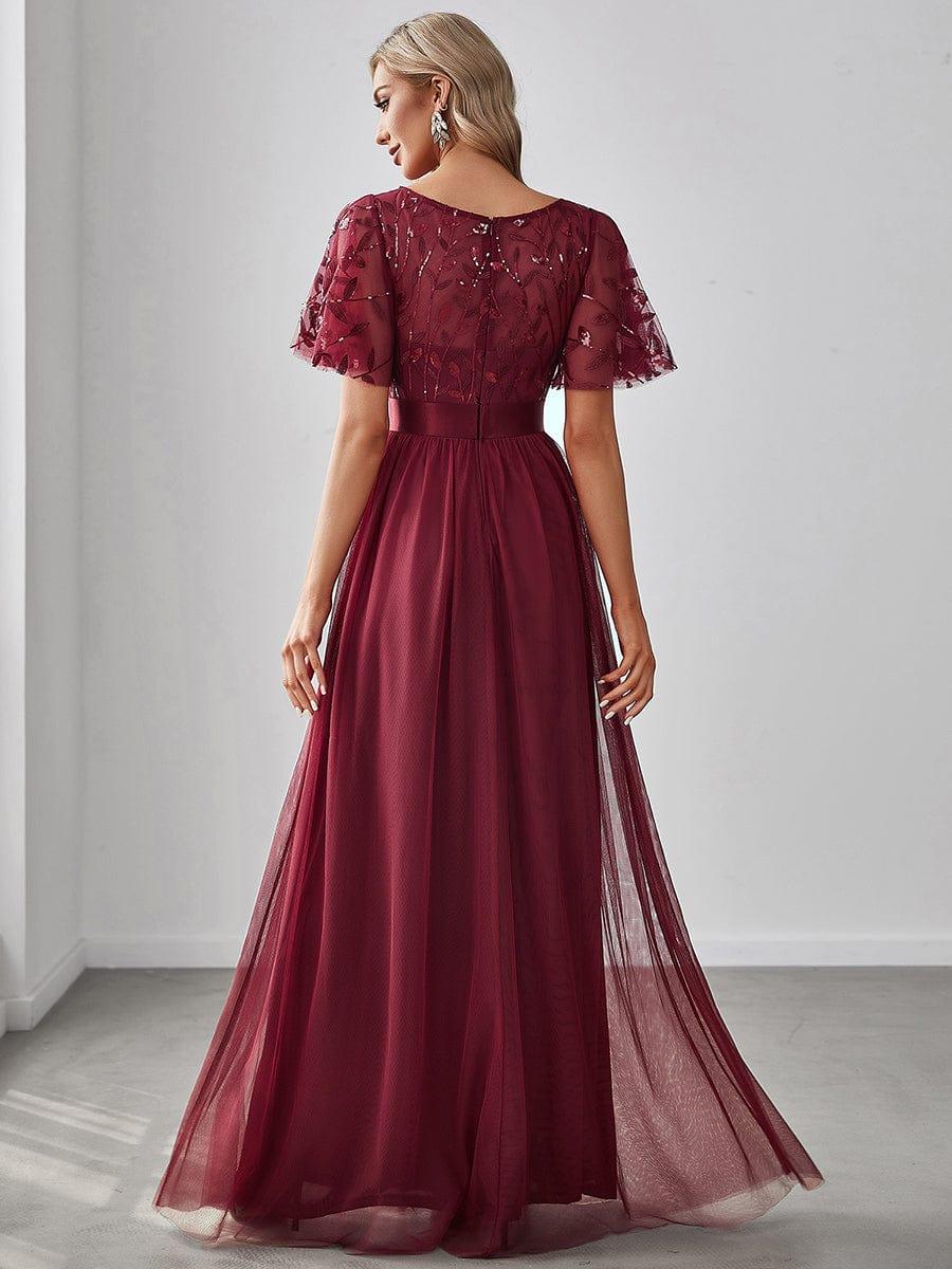Elegant Sequin Applique Prom Dress with Flutter Sleeves #color_Burgundy