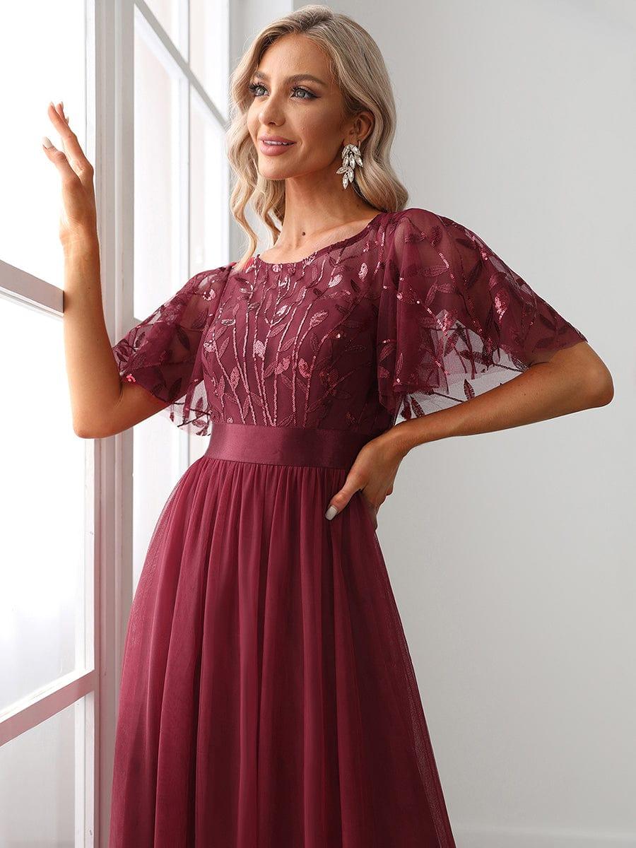 Elegant Sequin Applique Prom Dress with Flutter Sleeves#color_Burgundy