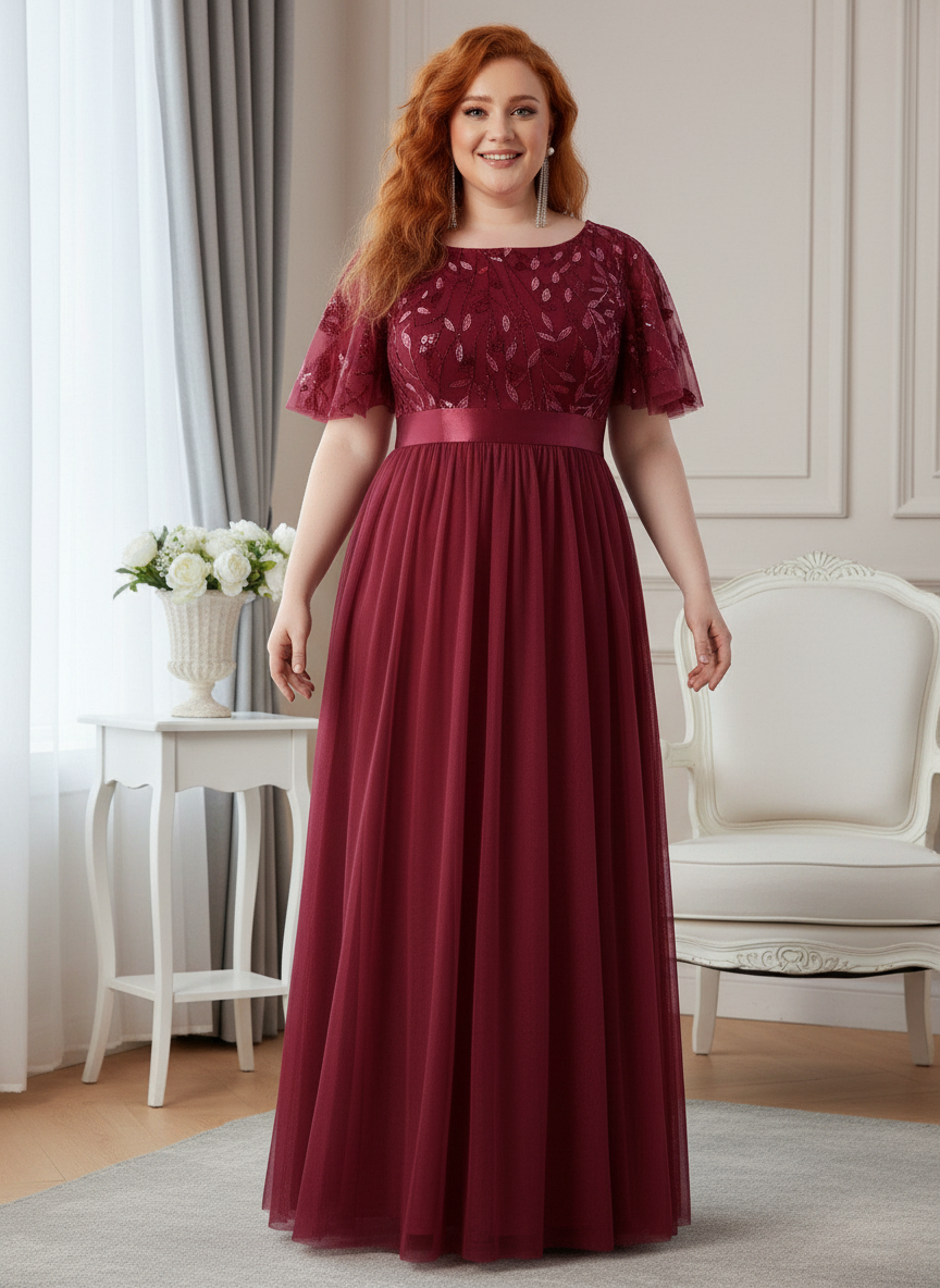 Plus Size Gold Crew Neck Applique Tulle Evening Dresses