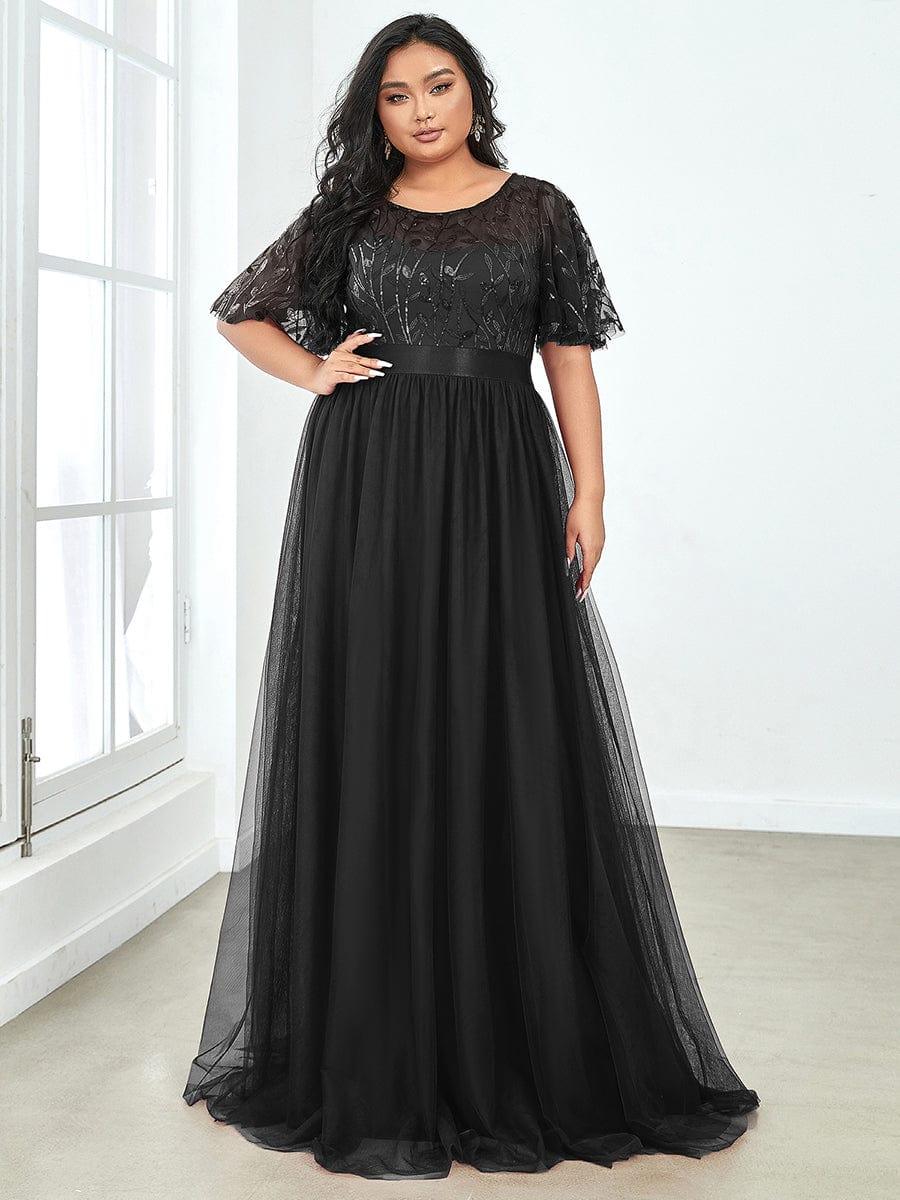 Plus Size Sequin Applique Evening Dress with Short Sleeves