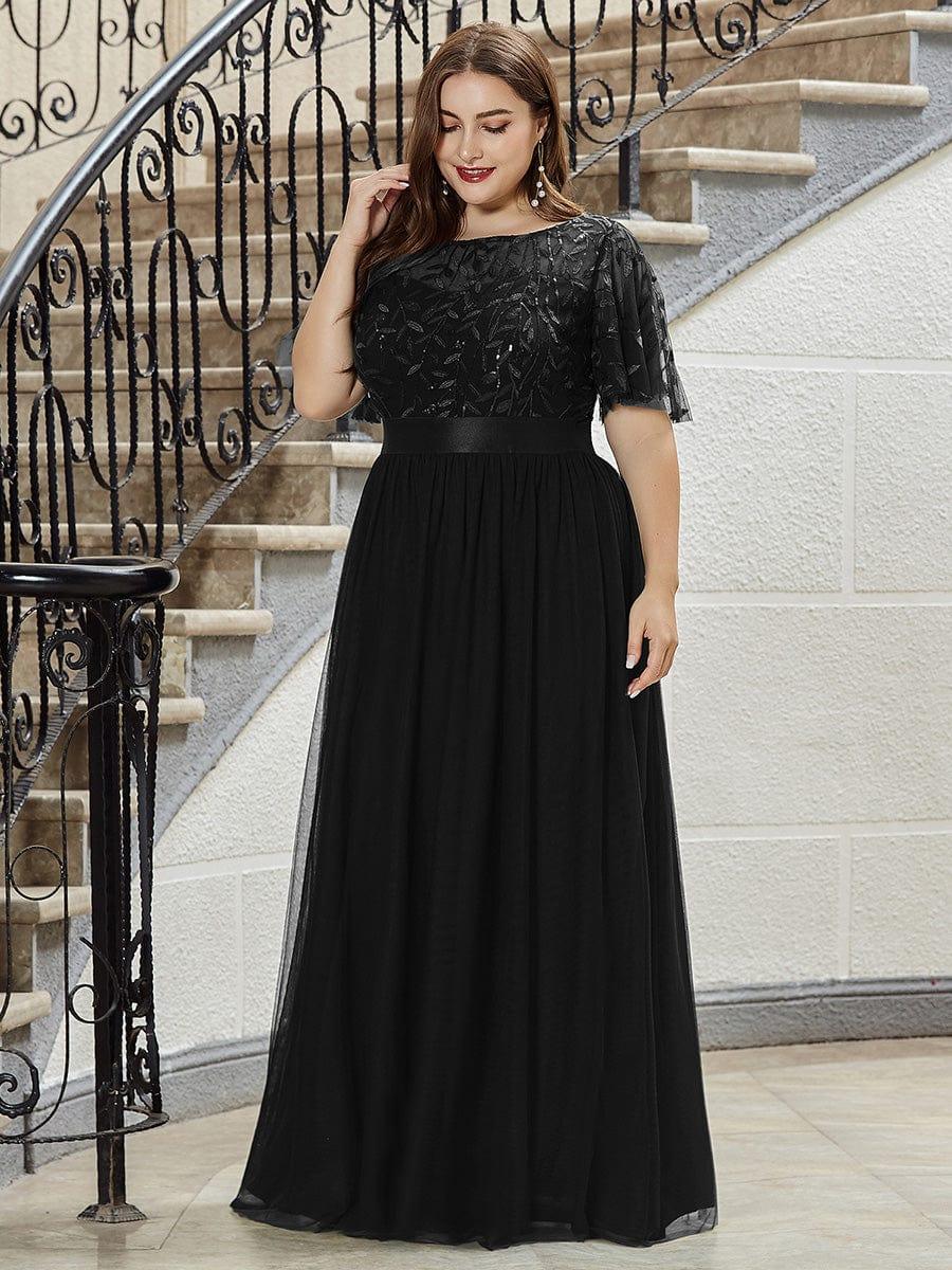 Plus Size Gold Crew Neck Applique Tulle Evening Dresses #color_Black 