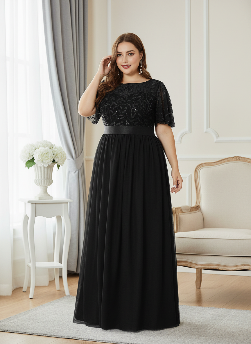 Plus Size Gold Crew Neck Applique Tulle Evening Dresses