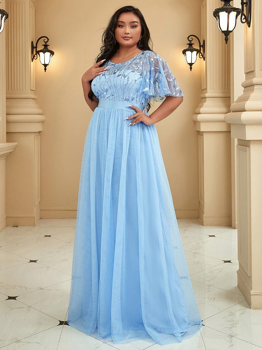 Stunning Sequin Applique A-Line Evening Dress with Short Sleeves