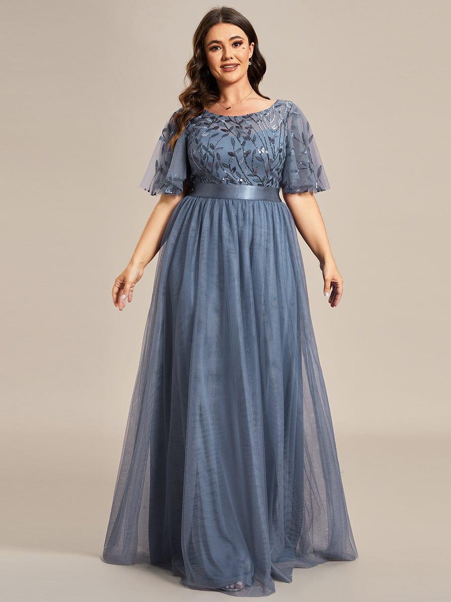 Plus Size Sequin Applique Evening Dress with Short Sleeves