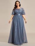 Plus Size Gold Crew Neck Applique Tulle Evening Dresses #color_Dusty Blue