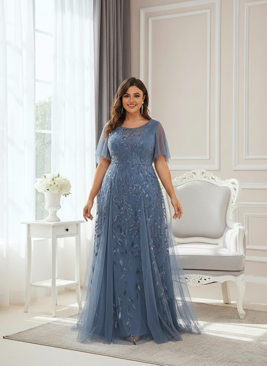 Plus Size Gold Crew Neck Applique Tulle Evening Dresses